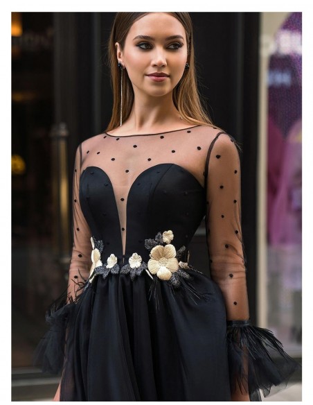black tulle cocktail dress sweetheart neckline flower embroidery model