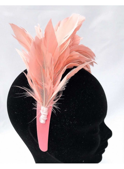 Pink satin headband with natural feathers for party