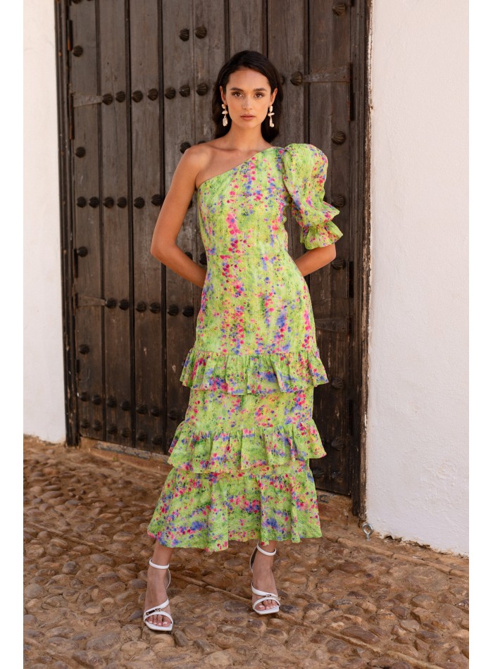 Asymmetric green flower print guest dress