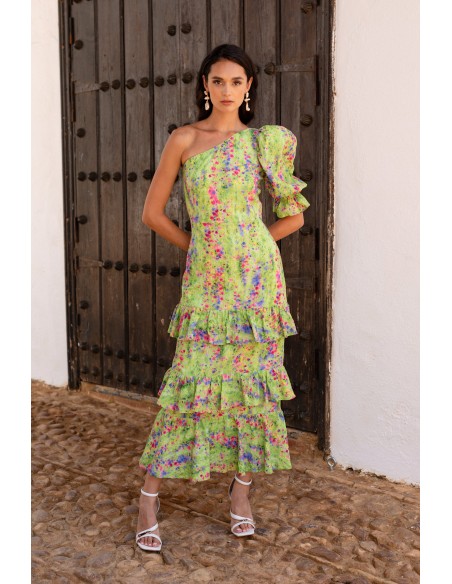 Asymmetric green flower print guest dress