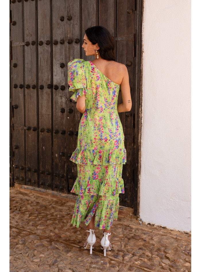 Asymmetric green flower print guest dress