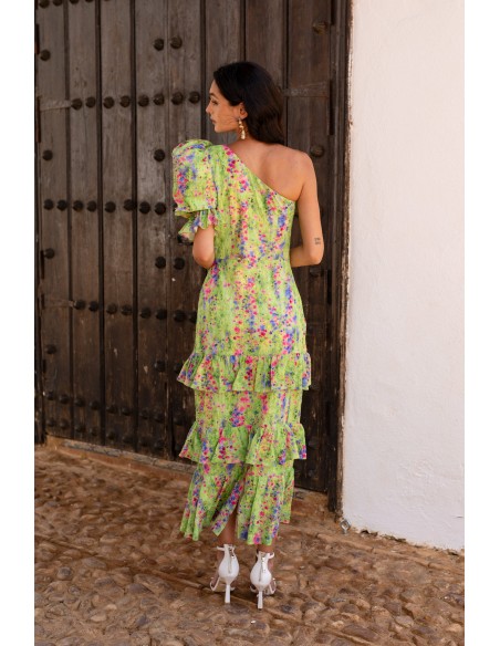 Asymmetric green flower print guest dress