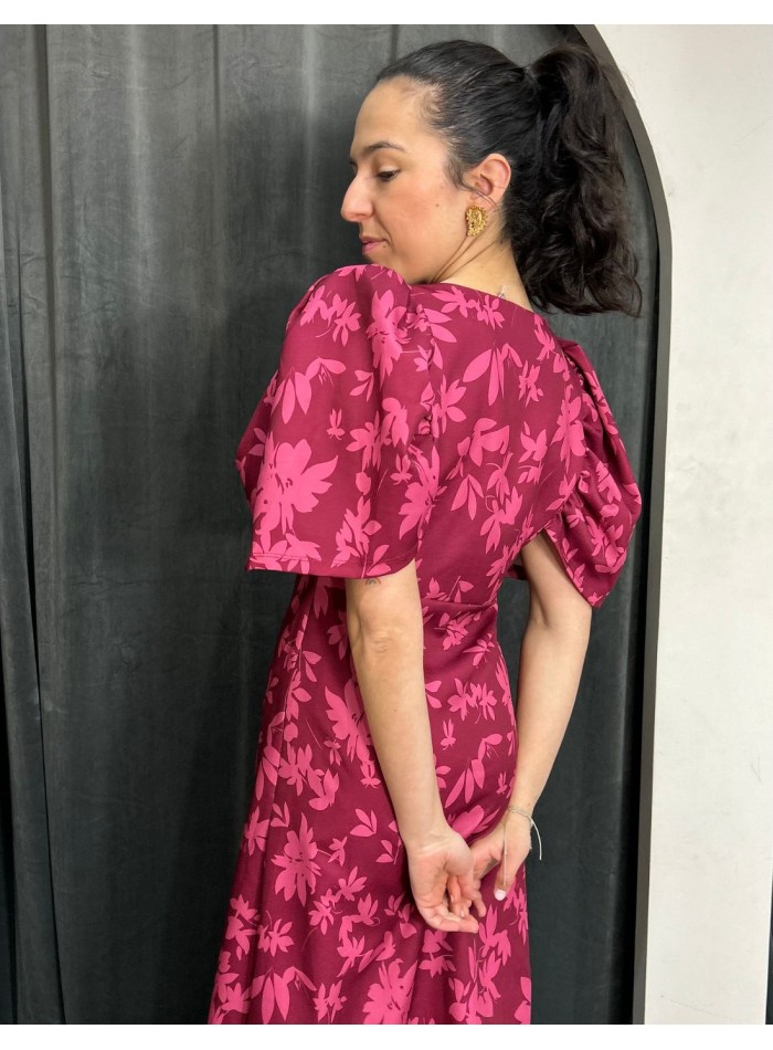Vestido de invitada midi estampada con manga abullonada buganvilla