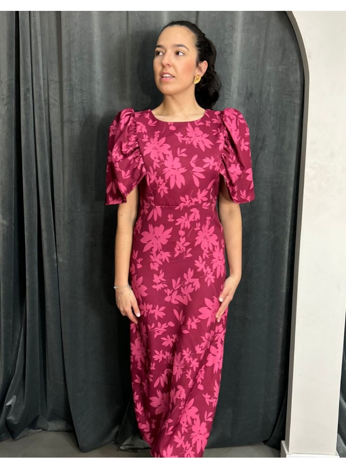 Vestido de invitada midi estampada con manga abullonada para fiesta