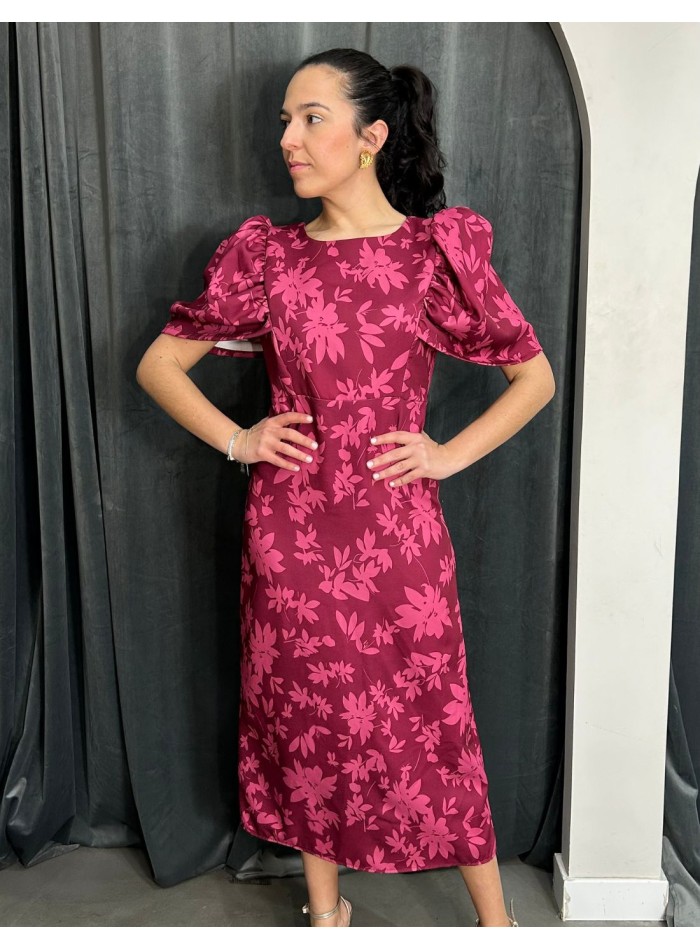 Vestido de invitada midi estampada con manga abullonada para boda