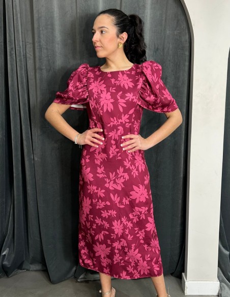 Vestido de invitada midi estampado con manga abullonada