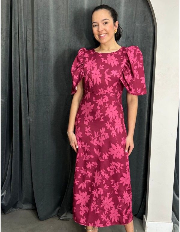 Vestido de invitada midi estampada con manga abullonada