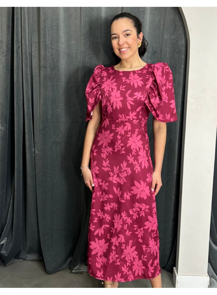 Vestido de invitada midi estampada con manga abullonada