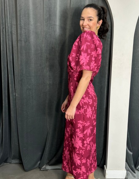 Vestido de invitada midi estampada con manga abullonada buganvilla