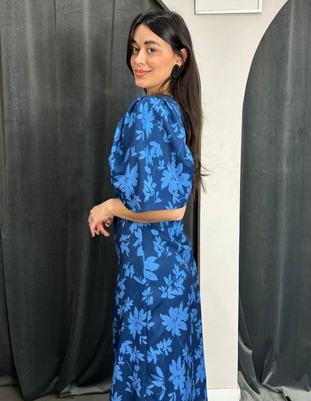 Vestido de invitada midi estampado con manga abullonada