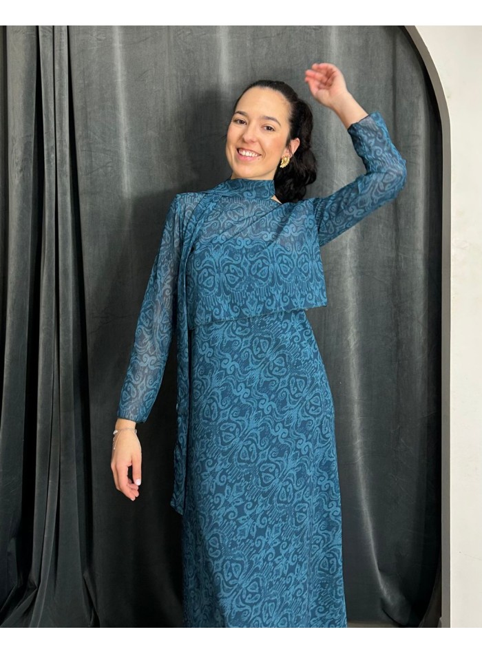 Vestido midi de invitada palabra de honor con top azul