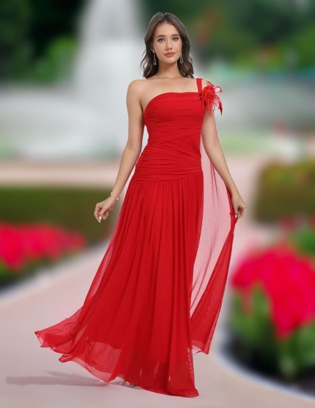 Long gown with draped bodice and cape sleeves