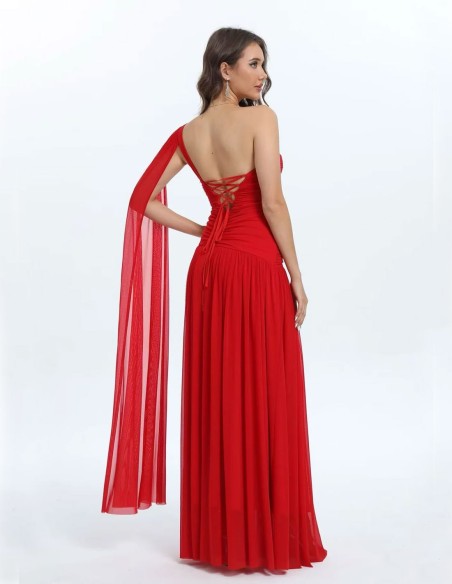 Long gown with draped bodice and cape sleeves