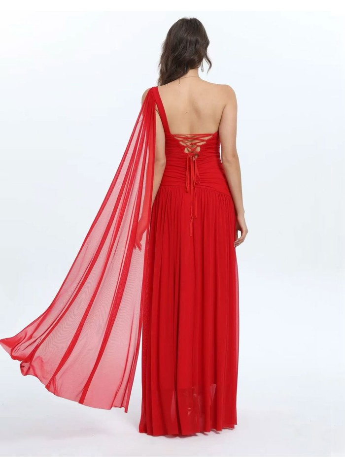 Long gown with draped bodice and cape sleeves