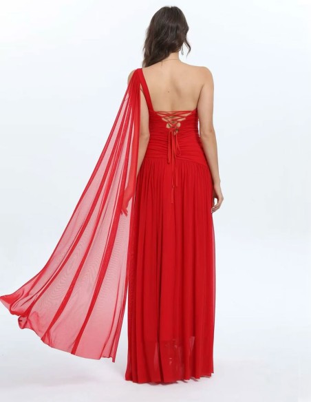 Long gown with draped bodice and cape sleeves
