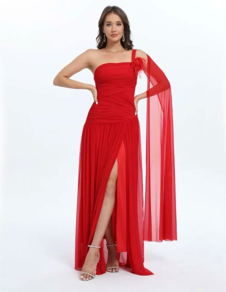 Long gown with draped bodice and cape sleeves