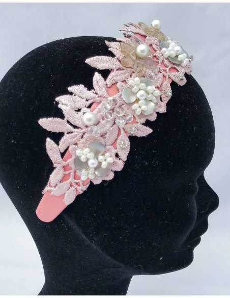 Pink satin headband with lace and natural stones perfect with cocktail dresses