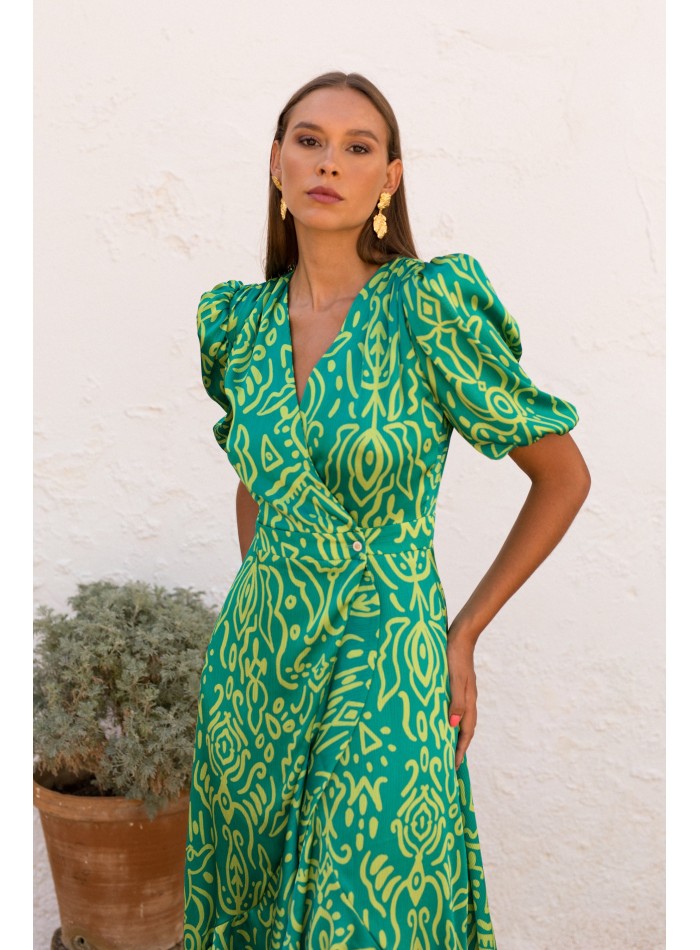 Vestido midi de estampado geométrico verde para eventos especiales
