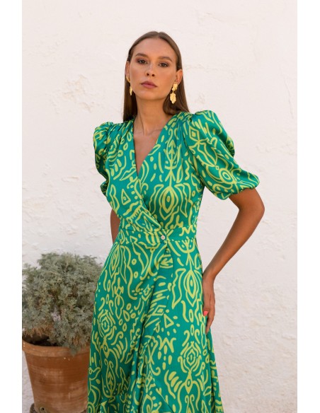 Green geometric print midi dress