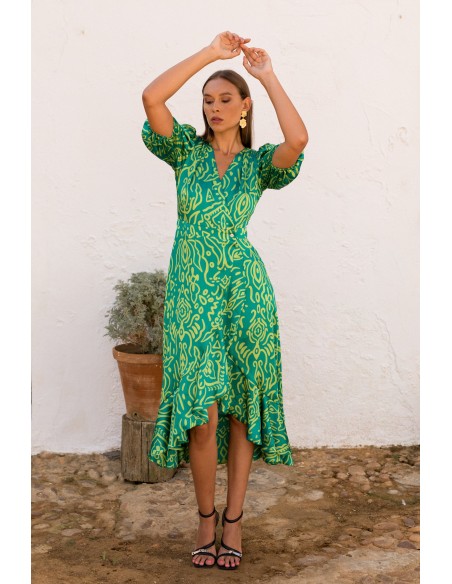 Robe midi à imprimé géométrique vert