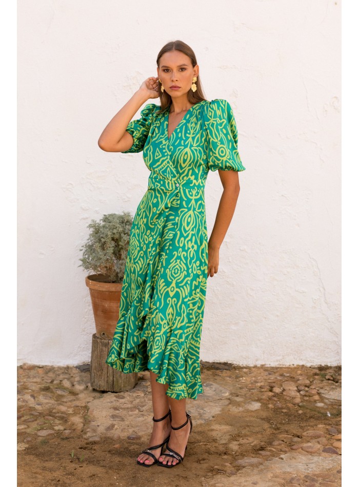 Robe midi à imprimé géométrique vert