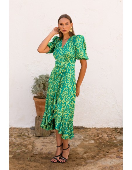 Robe midi à imprimé géométrique vert