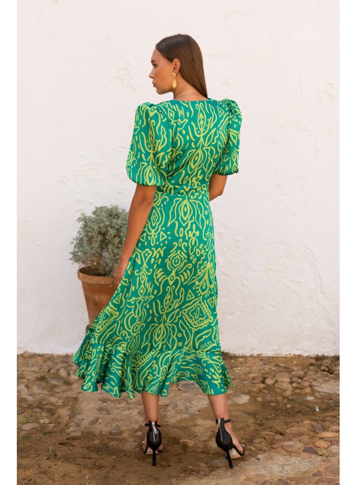 Green geometric print midi dress