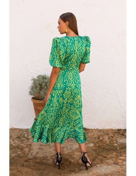 Green geometric print midi dress