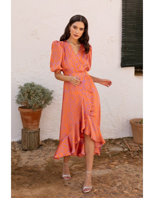 Vestido midi con estampado geométrico naranja