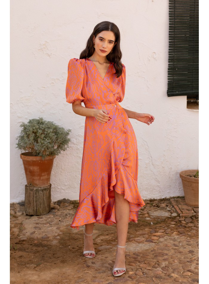 Robe midi à imprimé géométrique orange