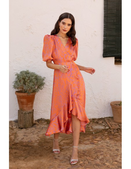 Vestido midi con estampado geométrico naranja