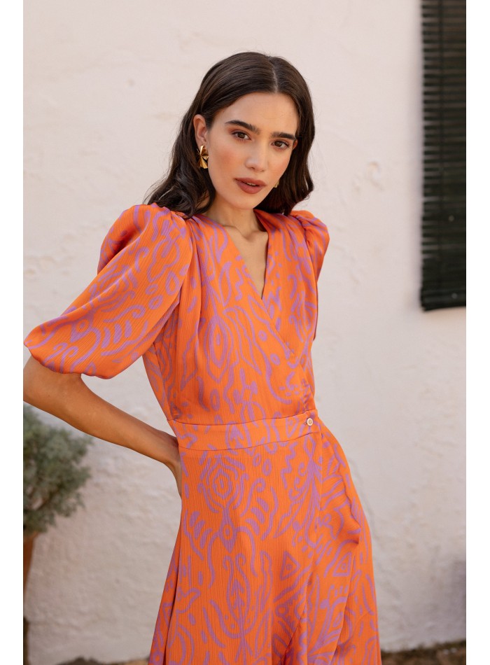 Robe midi à imprimé géométrique orange