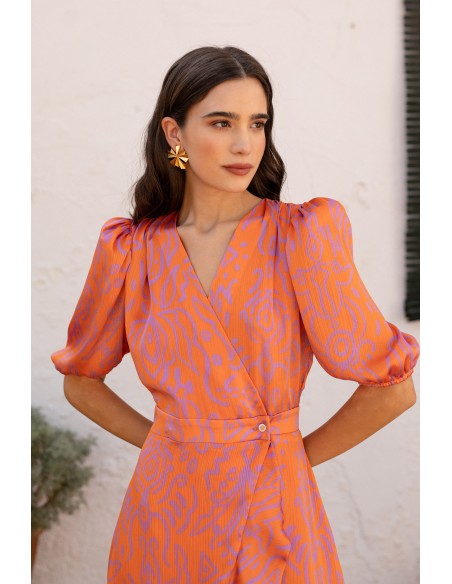 Robe midi à imprimé géométrique orange