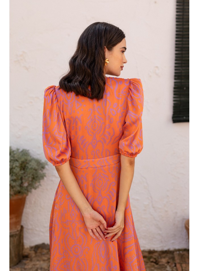 Robe midi à imprimé géométrique orange