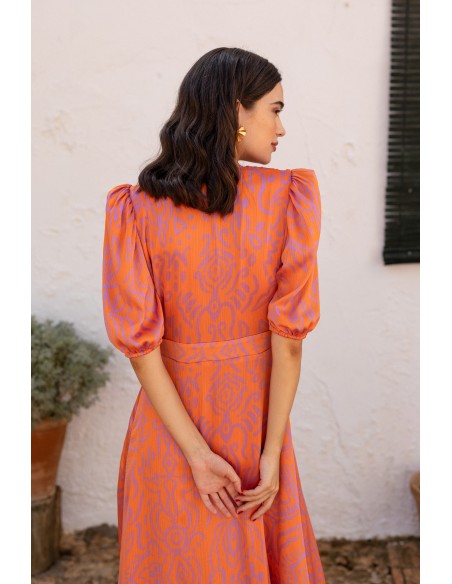 Robe midi à imprimé géométrique orange
