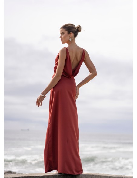 Terracotta long party dress with draped neckline
