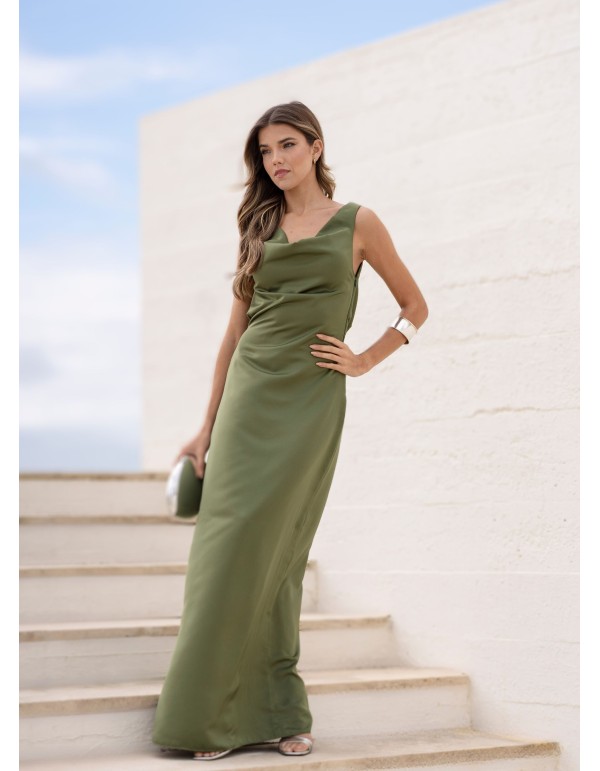 Dry green long dress with draped neckline 2