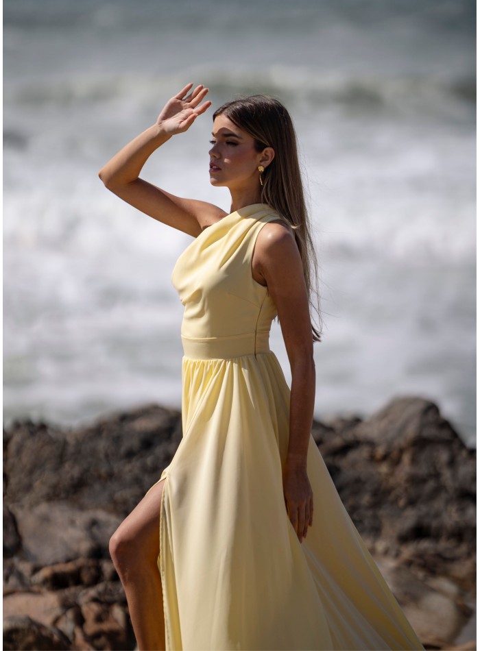 Light yellow long dress with asymmetrical...