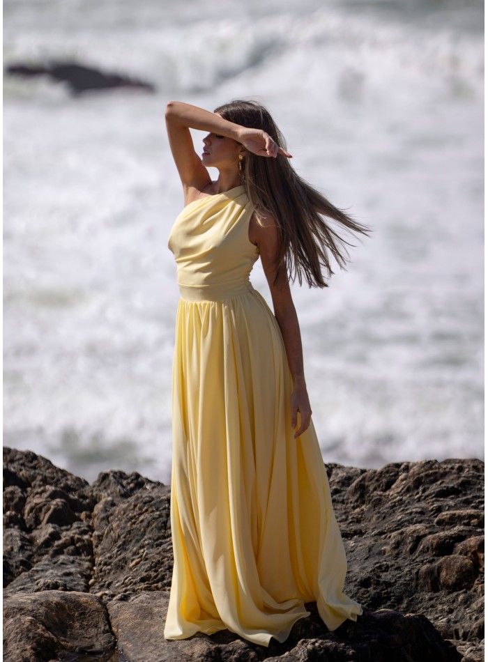Light yellow long dress with asymmetrical...