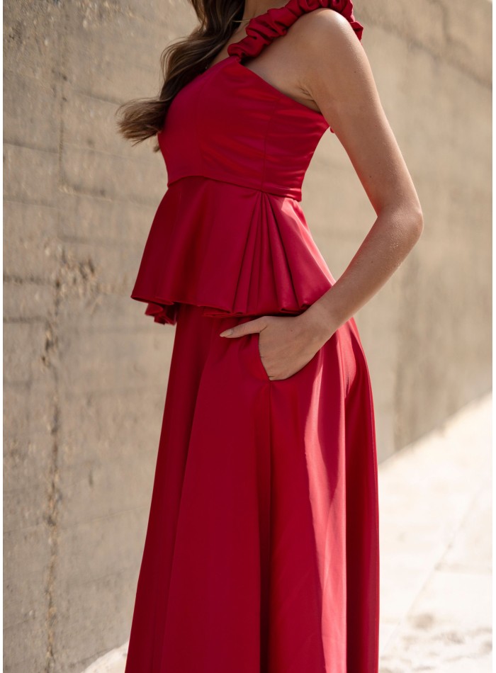 Jupe midi rouge avec poches et fermetures...