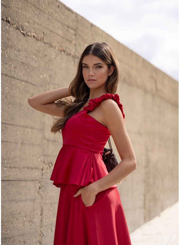 Red top with ruffles and sweetheart neckline