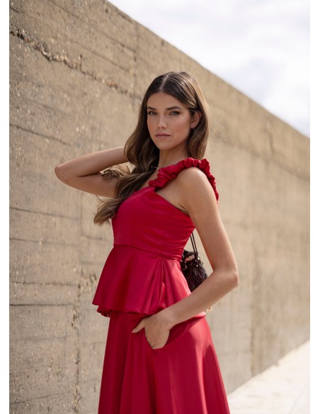 Red top with ruffles and sweetheart neckline