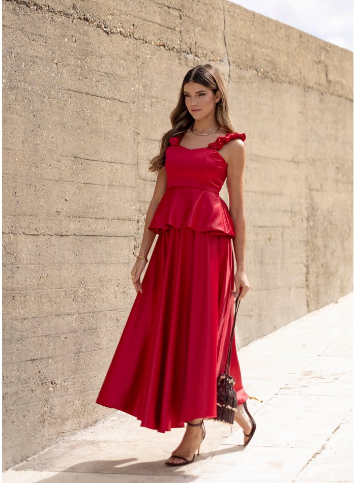 Red top with ruffles and sweetheart neckline