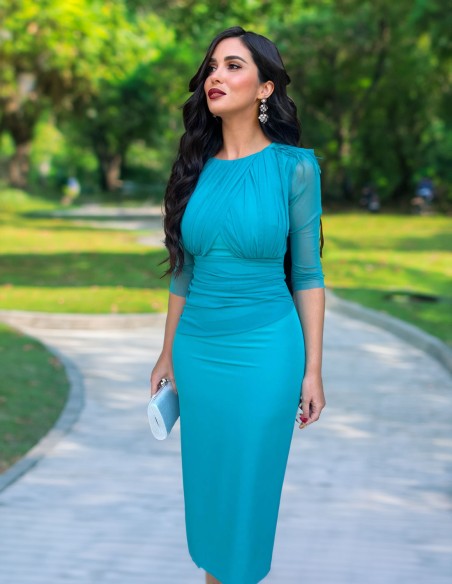Vestido midi drapeado con manga francesa para mamá de comunión en color petróleo Vestido midi drapeado con manga francesa para mamá de comunión en color petróleo