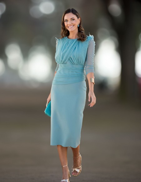 Vestido midi drapeado con manga francesa para mama comunión e invitada boda Vestido midi drapeado con manga francesa para mama comunión e invitada boda