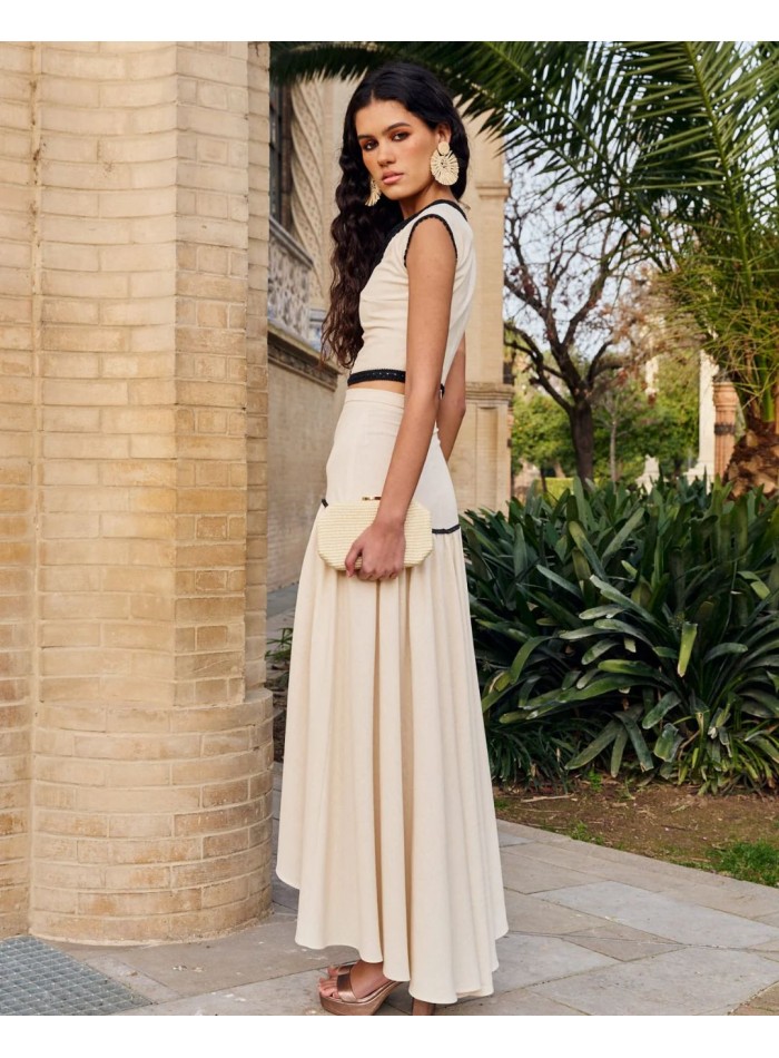 Beige and black linen top with V-neckline