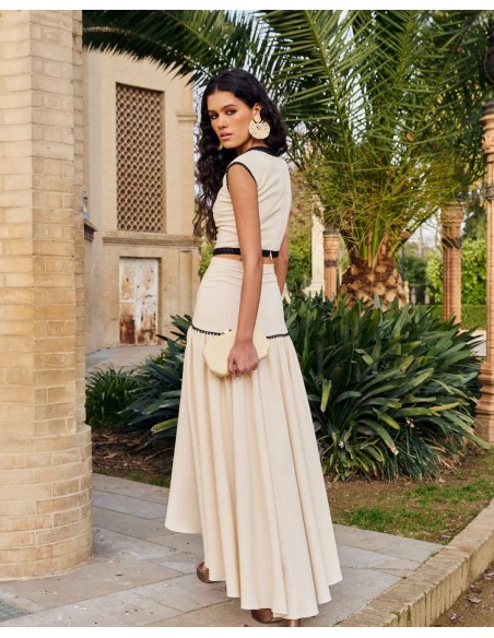 Beige and black linen top with V-neckline