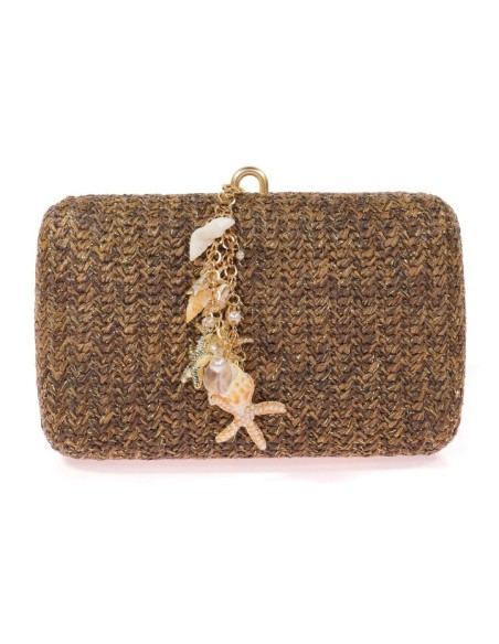 Raffia clutch bag with small shells and conch shells