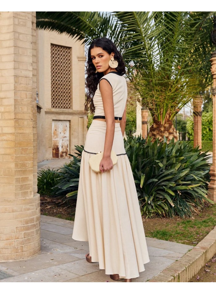 Falda larga beige y negro de lino