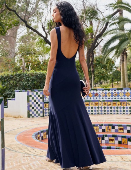 Navy blue midi dress with round neckline